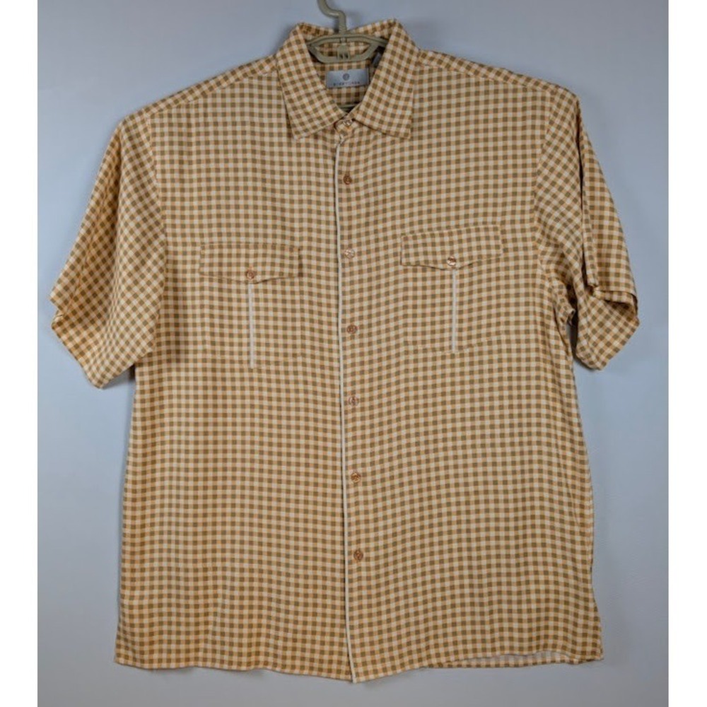 Bobby Chan Summer Shirt Mens L Orange Gingham Relaxed Fit Y2K